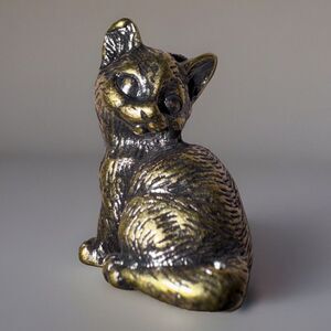 Brass Cat Figurine Miniature Sculpture Desk Decor Collectible Sitting New